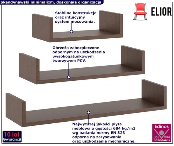 Komplet 3 półek ściennych w kolorze wenge - Osake