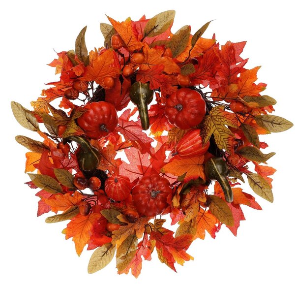 Duży jesienny wieniec z kolorowych sztucznychliści, średnica 58 cm