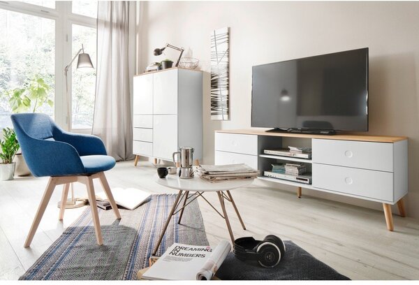 Biała szafka pod TV z nogami z drewna dębowego Tenzo Dot, szer. 162 cm