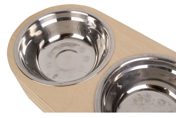 Zestaw 2 metalowych misek i jasnej drewnianej podstawki PT LIVING Pet, szer. 18 cm