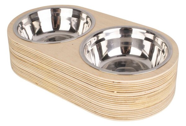 Zestaw 2 metalowych misek i jasnej drewnianej podstawki PT LIVING Pet, szer. 18 cm