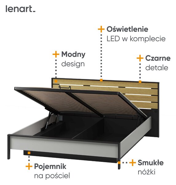 MebleMWM Łóżko z pojemnikiem GRIS GS-02 | 160x200 | Oświetlenie LED | Szary + czarny + dąb natura