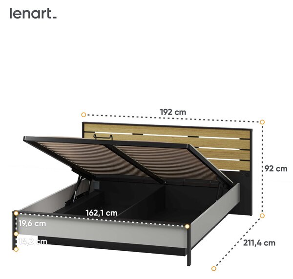 MebleMWM Łóżko z pojemnikiem GRIS GS-02 | 160x200 | Oświetlenie LED | Szary + czarny + dąb natura