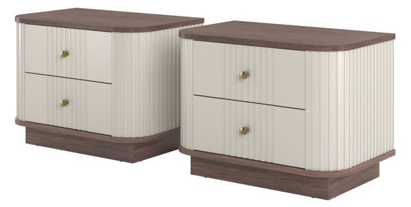 Zestaw szafek nocnych Vesper 56 cm na cokole - kaszmir / orzech / złote uchwyty