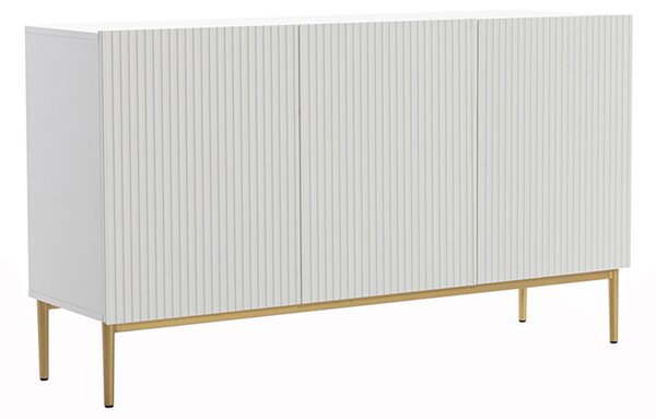 Komoda Nicole 150 cm trzydrzwiowa z ryflowanym frontem - biały mat / złote nóżki
