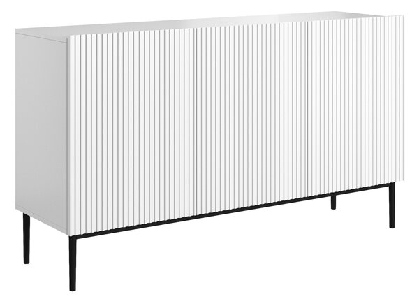 Komoda Nicole 150 cm trzydrzwiowa z ryflowanym frontem - biały mat / czarne nóżki
