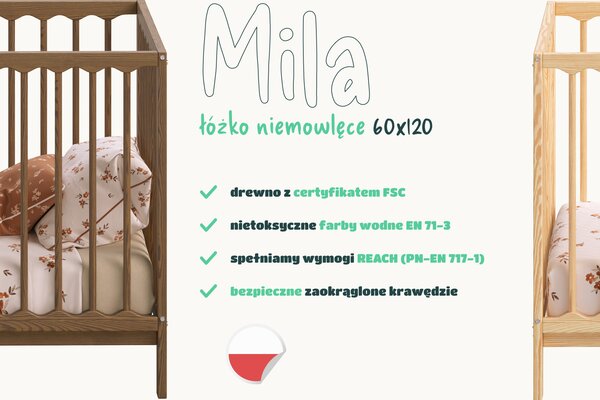 Łóżeczko niemowlęce MILA 60x120 – drewniane, z regulacją wysokości