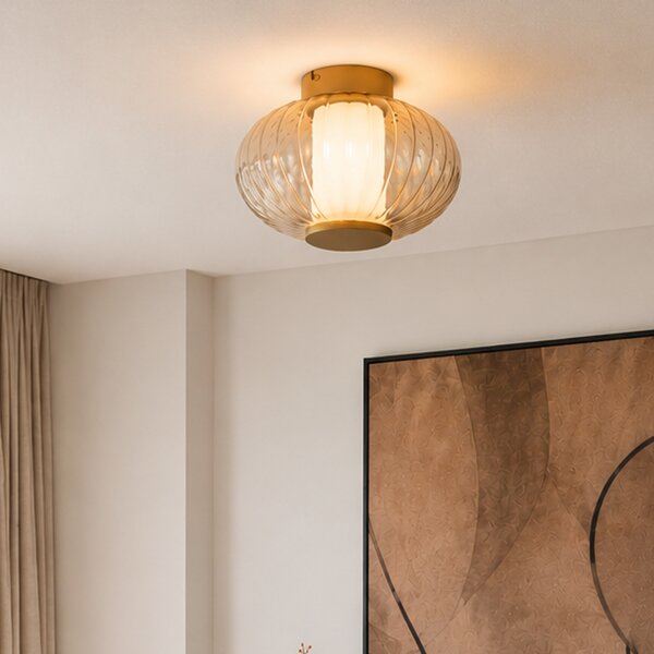 Designerska lampa sufitowa mosiężna 28 cm ze szkłem bursztynowym, ze zintegrowaną diodą LED i 3-stopniowym ściemnianiem - Margherite