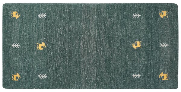 Ręcznie tkany dywan wełniany do salonu zielony motyw westernowy 80 x 150 cm Calti Beliani