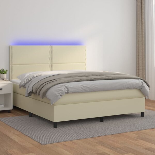 Łóżko kontynentalne z LED, materac, kremowe, ekoskóra 180x200cm