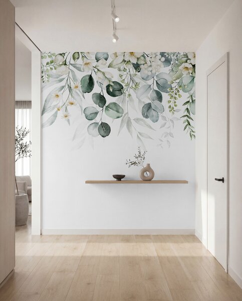 Fototapety Ilustracja z zielonymi liśćmi, białymi kwiatami, piwonią i gałęziami, Fototapety Natura, Fototapety Liście, u96063 : Uwalls.pl