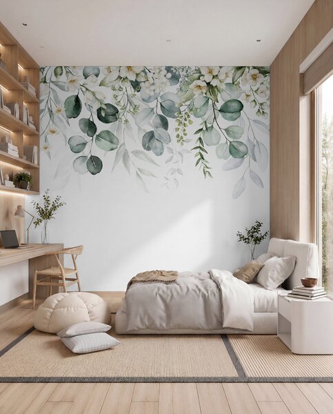 Fototapety Ilustracja z zielonymi liśćmi, białymi kwiatami, piwonią i gałęziami, Fototapety Natura, Fototapety Liście, u96063 : Uwalls.pl