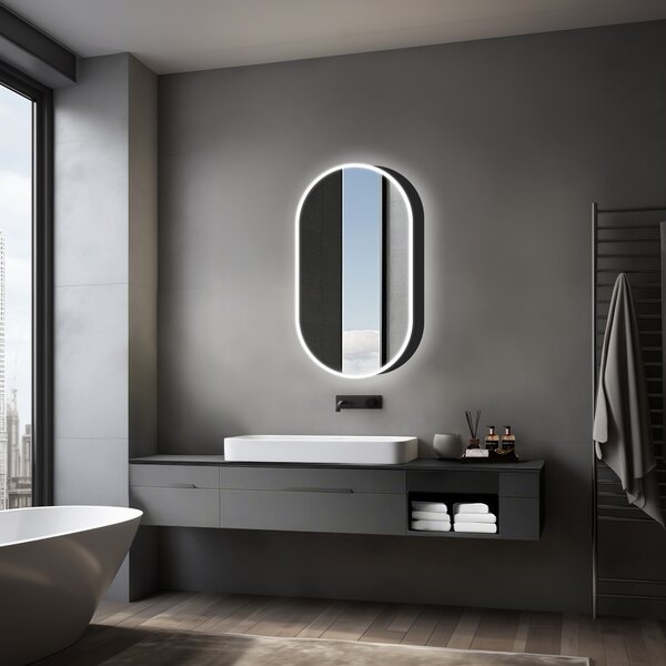Szafka lustrzana z oświetleniem Talos Oval Vento 45x80 cm czarna - Szafka lustrzana łazienkowa z 2 półkami - Aluminium - Lustrzany panel tylny