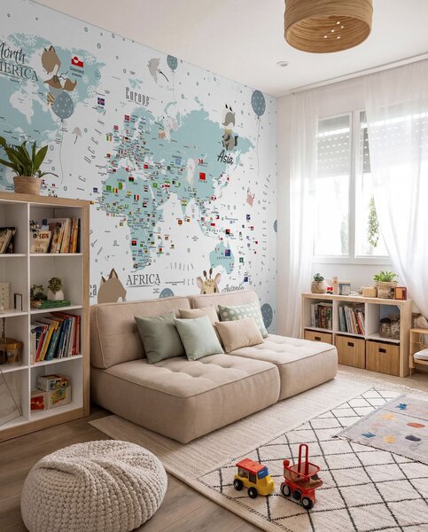 Fototapety Dziecięca mapa świata ze zwierzętami, Fototapety Mapy, Fototapeta Mapa Świata dla Dzieci, u99228 : Uwalls.pl