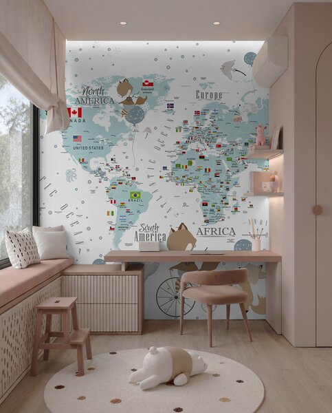 Fototapety Dziecięca mapa świata ze zwierzętami, Fototapety Mapy, Fototapeta Mapa Świata dla Dzieci, u99228 : Uwalls.pl