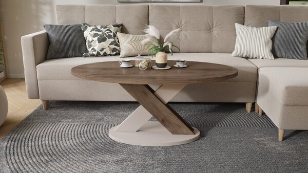 Stolik kawowy owalny LOXA Orzech Elegant / Beż Taupe - ŁAWA 120x65 cm