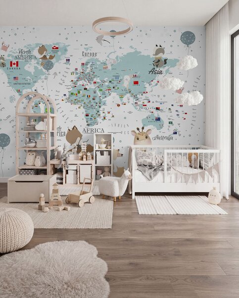 Fototapety Dziecięca mapa świata ze zwierzętami, Fototapety Mapy, Fototapeta Mapa Świata dla Dzieci, u99228 : Uwalls.pl