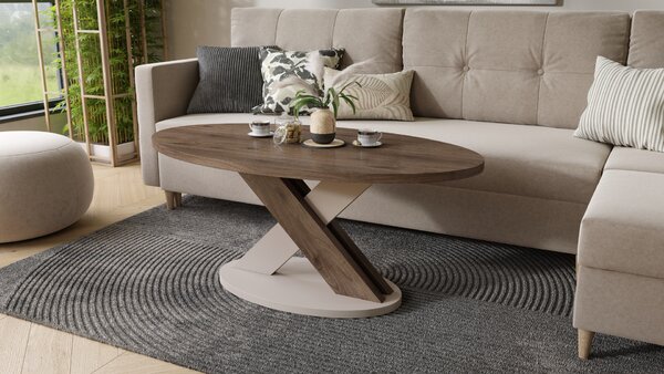 Stolik kawowy owalny LOXA Orzech Elegant / Beż Taupe - ŁAWA 120x65 cm