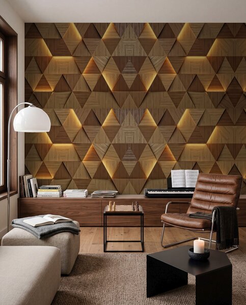 Fototapety Klasyczne drewniane trójkąty z podświetleniem 3D, Fototapety 3D, Fototapety 3d geometryczna, u99280 : Uwalls.pl