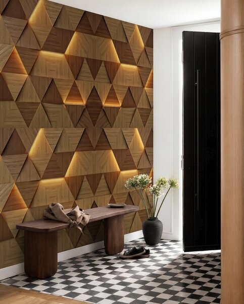 Fototapety Klasyczne drewniane trójkąty z podświetleniem 3D, Fototapety 3D, Fototapety 3d geometryczna, u99280 : Uwalls.pl
