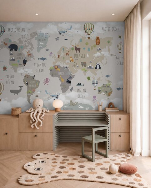 Fototapety Mapa świata ze zwierzętami i balonami, Fototapety Mapy, Fototapeta Mapa Świata dla Dzieci, u96461d2 : Uwalls.pl
