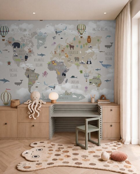Fototapety Mapa świata ze zwierzętami i balonami, Fototapety Mapy, Fototapeta Mapa Świata dla Dzieci, u96461d1 : Uwalls.pl