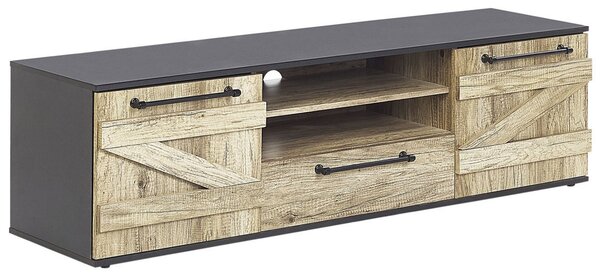 Szafka RTV jasne drewno z czarnym miejsce na kable szafki szuflada 150 cm Salter Beliani