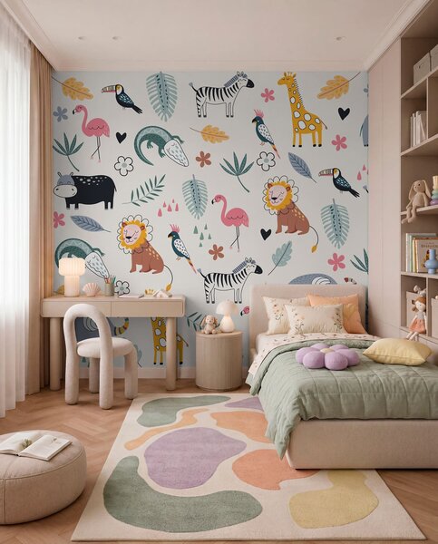 Fototapety zwierzęta, lwy, żyrafy, słonie, liście, pokój dziecięcy, Fototapety Dziecięce, w00555 : Uwalls.pl