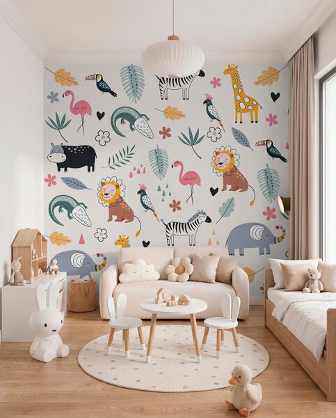 Fototapety zwierzęta, lwy, żyrafy, słonie, liście, pokój dziecięcy, Fototapety Dziecięce, w00555 : Uwalls.pl