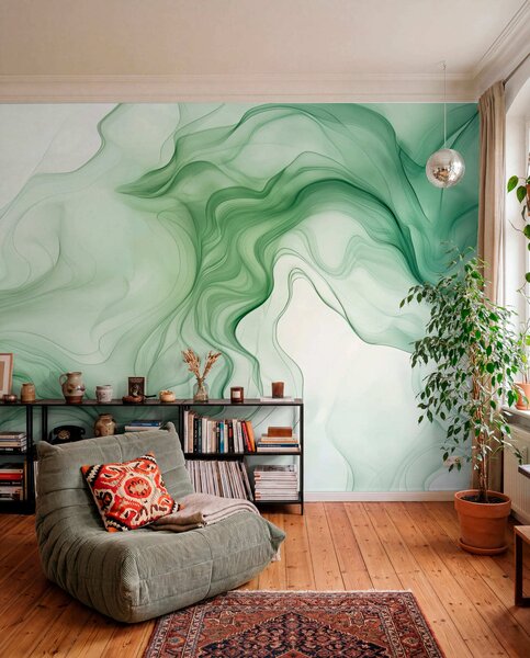 Fototapety Panoramiczne zielone fale abstrakcyjne na jasnym tle, Fototapety 3D, Fototapety 3d geometryczna, w01185d1 : Uwalls.pl