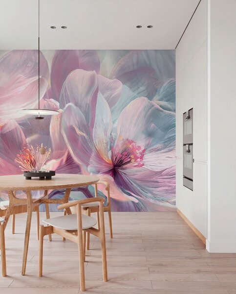 Fototapety Delikatne przezroczyste pastelowe neonowe jasnoróżowe i białe kwiaty z miękkim, rozmytym tłem, Fototapety Kwiaty, w01307 : Uwalls.pl