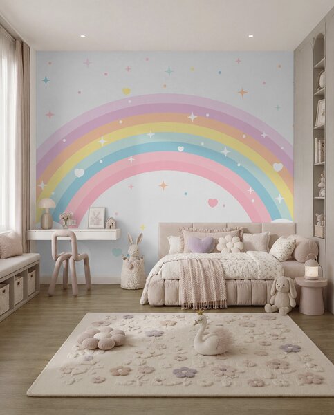 Fototapety Kolorowa tęcza z gwiazdami i sercami w stylu skandynawskim, Fototapety Dziecięce, Fototapeta tęcza dla dzieci, w08109 : Uwalls.pl