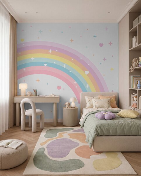 Fototapety Kolorowa tęcza z gwiazdami i sercami w stylu skandynawskim, Fototapety Dziecięce, Fototapeta tęcza dla dzieci, w08109 : Uwalls.pl