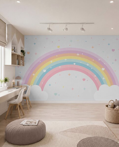 Fototapety Kolorowa tęcza z gwiazdami i sercami w stylu skandynawskim, Fototapety Dziecięce, Fototapeta tęcza dla dzieci, w08109 : Uwalls.pl