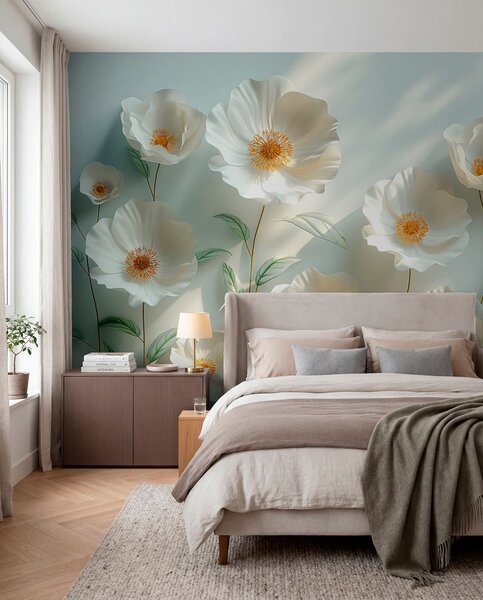 Fototapety Białe maki na ścianie w świetle słonecznym i z efektem 3D, Fototapety 3D, Fototapety 3d Kwiaty, w01339 : Uwalls.pl
