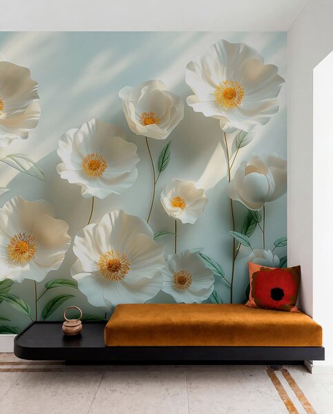 Fototapety Białe maki na ścianie w świetle słonecznym i z efektem 3D, Fototapety 3D, Fototapety 3d Kwiaty, w01339 : Uwalls.pl