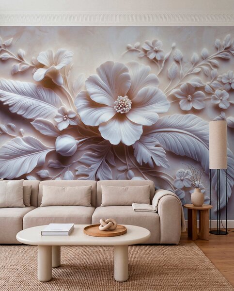 Fototapety Trójwymiarowa płaskorzeźba ścienna przedstawiająca pióra i kwiaty, z dużym, Fototapety 3D, Fototapety 3d Kwiaty, w01340v1 : Uwalls.pl