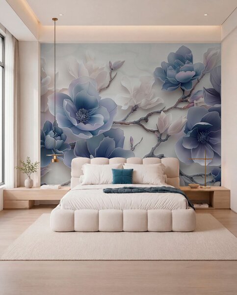 Fototapety Niebieskie tłoczone kwiaty magnolii na delikatnej gałęzi, Fototapety Kwiaty, w01359v1 : Uwalls.pl