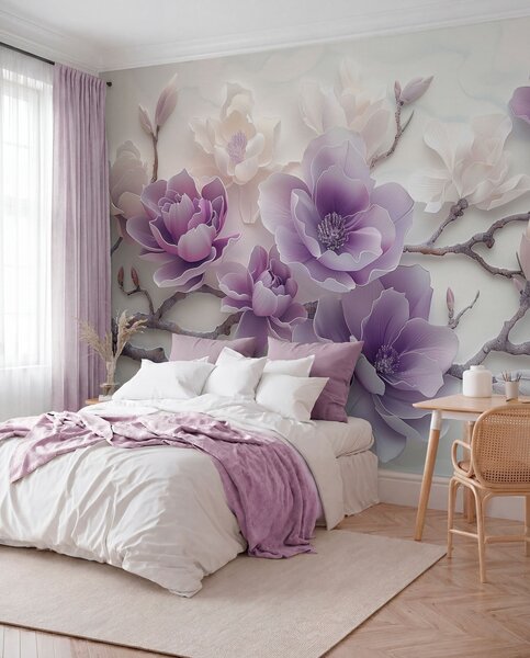 Fototapety Fioletowe tłoczone kwiaty magnolii na delikatnej gałęzi, Fototapety Kwiaty, w01359 : Uwalls.pl
