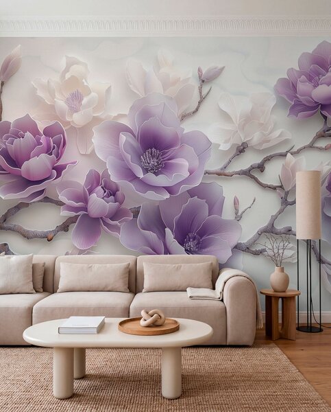 Fototapety Fioletowe tłoczone kwiaty magnolii na delikatnej gałęzi, Fototapety Kwiaty, w01359 : Uwalls.pl