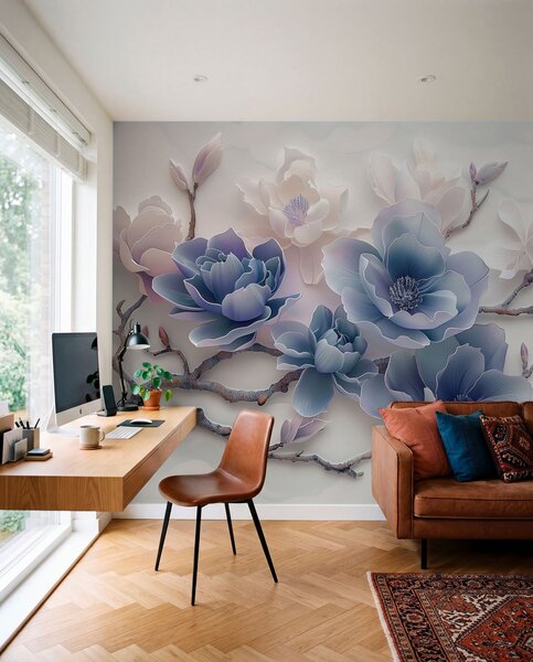 Fototapety Niebieskie tłoczone kwiaty magnolii na delikatnej gałęzi, Fototapety Kwiaty, w01359v1 : Uwalls.pl