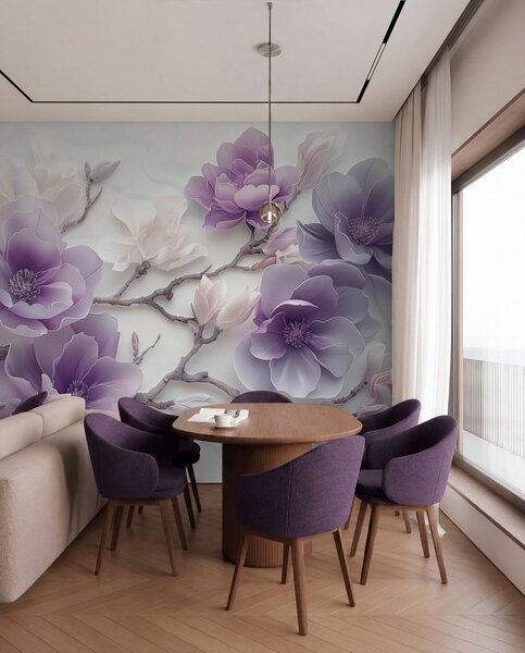 Fototapety Fioletowe tłoczone kwiaty magnolii na delikatnej gałęzi, Fototapety Kwiaty, w01359 : Uwalls.pl