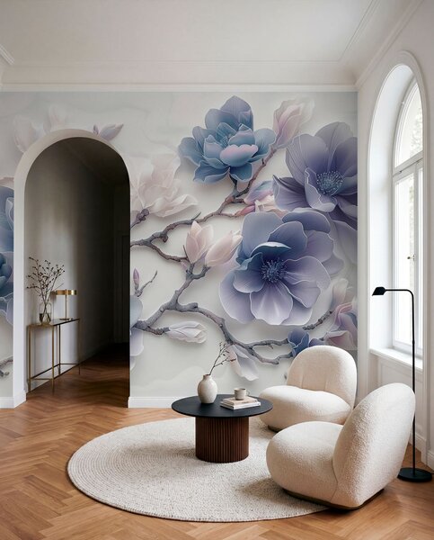Fototapety Niebieskie tłoczone kwiaty magnolii na delikatnej gałęzi, Fototapety Kwiaty, w01359v1 : Uwalls.pl