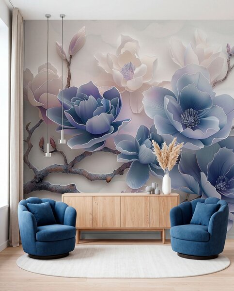 Fototapety Niebieskie tłoczone kwiaty magnolii na delikatnej gałęzi, Fototapety Kwiaty, w01359v1 : Uwalls.pl
