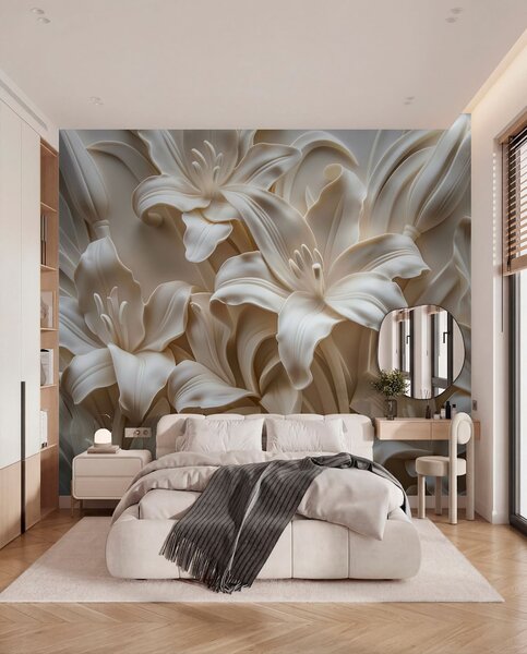 Fototapety Elegancka beżowa płaskorzeźba 3D przedstawiająca rzeźbione lilie, Fototapety 3D, Fototapety 3d Kwiaty, w01433 : Uwalls.pl