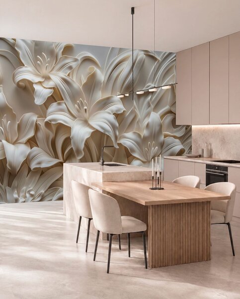 Fototapety Elegancka beżowa płaskorzeźba 3D przedstawiająca rzeźbione lilie, Fototapety 3D, Fototapety 3d Kwiaty, w01433 : Uwalls.pl