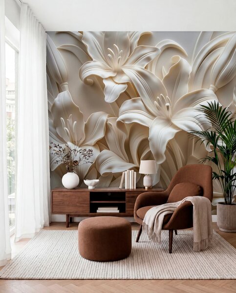 Fototapety Elegancka beżowa płaskorzeźba 3D przedstawiająca rzeźbione lilie, Fototapety 3D, Fototapety 3d Kwiaty, w01433 : Uwalls.pl