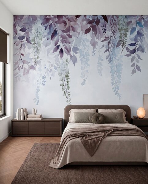 Fototapety Ozdoba z kwiatów glicynii, kwiatowa, akwarela, kolory niebieski i fioletowy, Fototapety Kwiaty, w01545v1 : Uwalls.pl