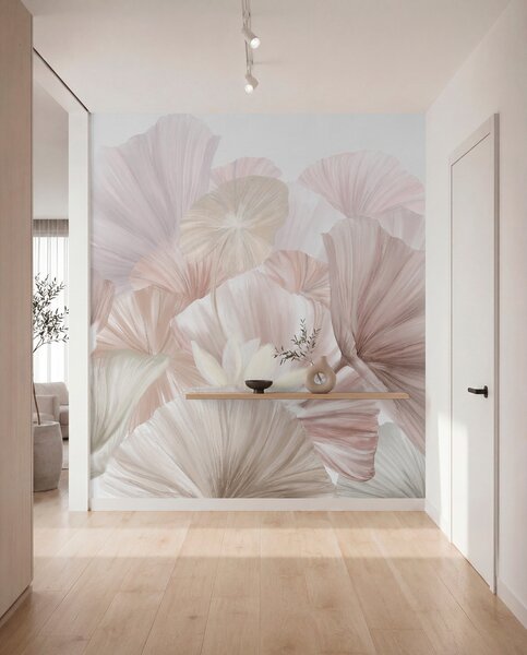 Fototapety Delikatne różowe liście lotosu z białymi kwiatami o miękkich, pierzastych, Fototapety 3D, Fototapety 3d Kwiaty, w08265v1 : Uwalls.pl