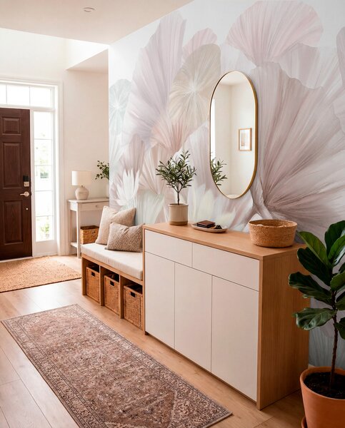 Fototapety Delikatne różowe liście lotosu z białymi kwiatami o miękkich, pierzastych, Fototapety 3D, Fototapety 3d Kwiaty, w08265v1 : Uwalls.pl